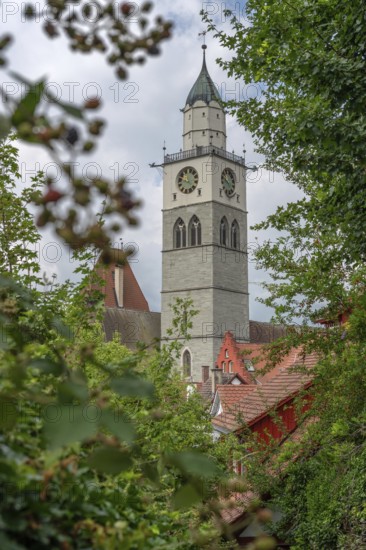 Tower of Überlingen Minster, St Nicholas, built in 1350 and 1576 in the late Gothic style, Überlingen, Baden-Württemberg, Germany