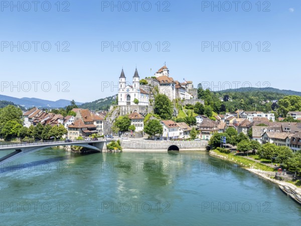 Aarburg town on the river Aare with church and fortress Aerial view from above in Aarburg, Switzerland