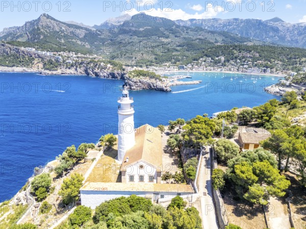 Port de Soller on Majorca with lighthouse aerial view holiday by the sea trip in Spain