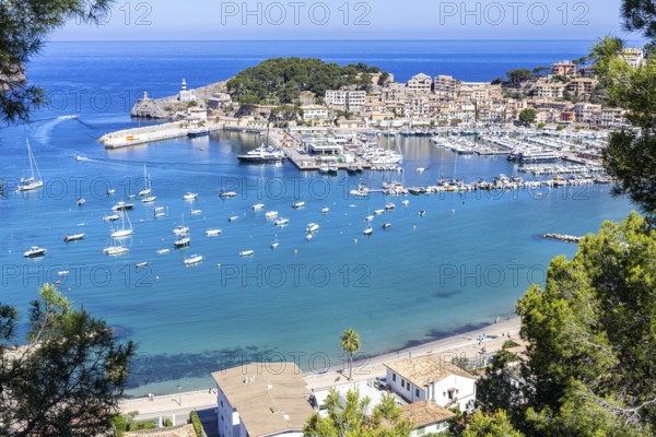 Port de Soller on Majorca from above holiday by the sea beach harbour with boats trip in Port de Sóller, Spain