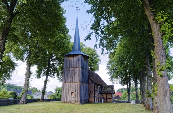 Prorep village church, a half-timbered church with a wooden tower, in the village centre. Porep is a district of the town of Putlitz in the district of Prignitz in Brandenburg, Germany