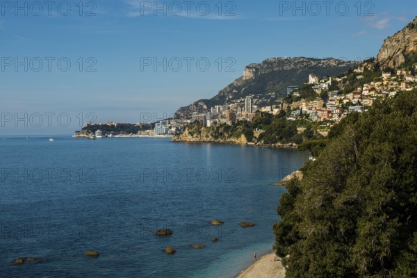 View of Roquebrune and Monaco, Plage du Golfe Bleu, Alpes Maritimes, Provence Alpes Cote d'Azur, French Riviera, South of France, France