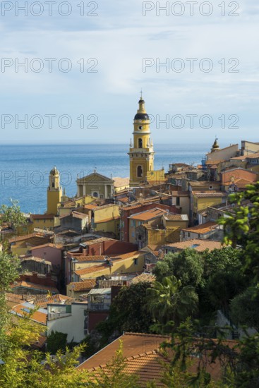 Town with colourful houses by the sea, Menton, Alpes Maritimes, Provence Alpes Cote d'Azur, French Riviera, South of France, France