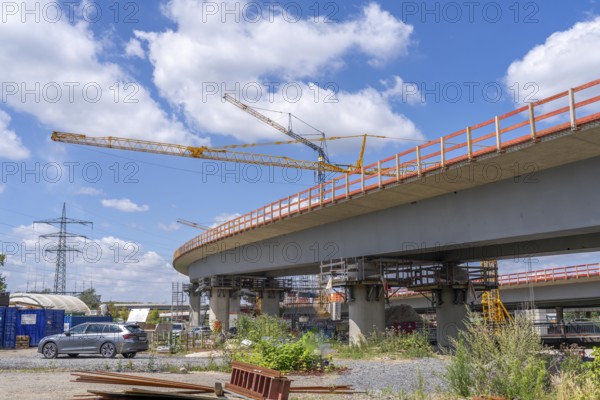 Motorway construction site at the Leverkusen-West junction, A1 and A59 motorways, new construction, reconstruction of the motorway junction due to the construction of the new Leverkusen Rhine Bridge, construction period until the end of 2027, North Rhine-Westphalia, Germany