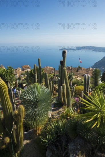 Picturesque mountain village overlooking the sea, Jardin Exotique, Èze, Cote d'Azur, Alpes-Maritimes, Provence-Alpes-Cote-d'Azur, South of France, France