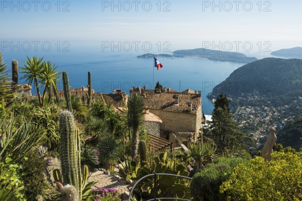 Picturesque mountain village overlooking the sea, Jardin Exotique, Èze, Cote d'Azur, Alpes-Maritimes, Provence-Alpes-Cote-d'Azur, South of France, France