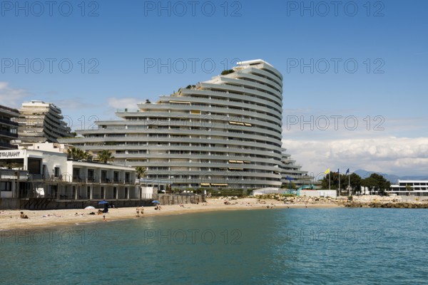 High-rise flat blocks by the sea, Marina Baie des Anges, Villeneuve-Loubet, Provence Alpes Côte d'Azur, South of France, France