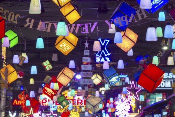 Neon lights, Pub Street in the evening, entertainment district with bars and restaurants, Siem Reap, Cambodia