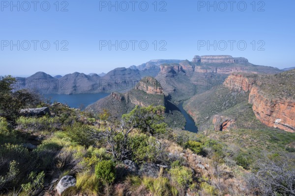 Panorama, Blyde River Canyon with Three Rondawels peak, view of canyon with Blyde River and Table Mountains, canyon landscape, Panorama Route, Mpumalanga, South Africa
