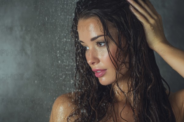 Beautiful attractive woman in the shower applying shampoo to her hair, AI generated