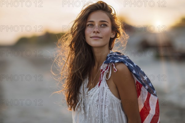 Beautiful attractive patriotic young woman with the American flag held in her standing in the summer sunset. Love for the country and american lifestyle, AI generated