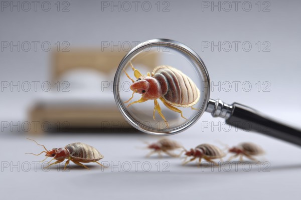 Bed bugs and dust mites concept with the magnifying glass. Allergy and old linen that contains parasites, AI generated