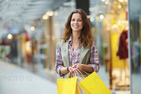 Beautiful young happy attractive woman with bags of different colours in shopping center mall shopping for brand name fashion items, AI generated