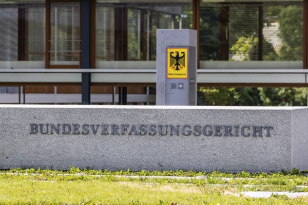 Federal Constitutional Court (BVerfG) . Exterior view with official sign and federal eagle. Karlsruhe, Baden-Württemberg, Germany