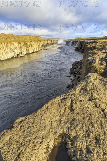 River Jökulsa a Fjöllum flows through canyon, Selfoss waterfall on the horizon, evening sun, North Iceland, Iceland