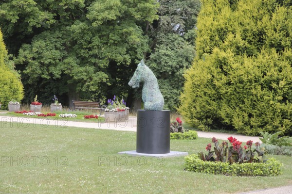 Sculpture Moondog by Thomas Schütte 2024, Blickachsen 14, Homage to, US-American composer Louis Thomas Hardin, Modern Art, Dog's head, spa garden, Bad Homburg, Taunus, Hesse, Germany