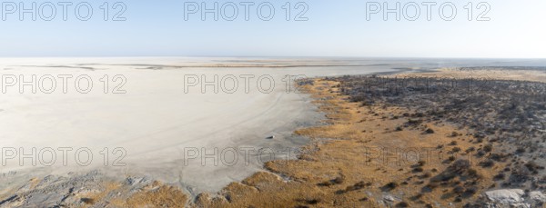 Rocky island with baobab trees in a dry salt pan, off-road vehicle on the salt pan, aerial view, Kubu Island, Botswana