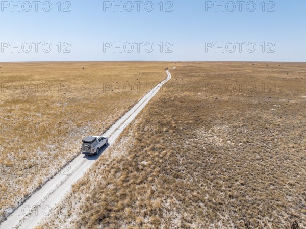 Off-road vehicle driving on a sandy track through a vast dry landscape with yellow grass, Sowa Pan, Makgadikgadi salt pans, Botswana