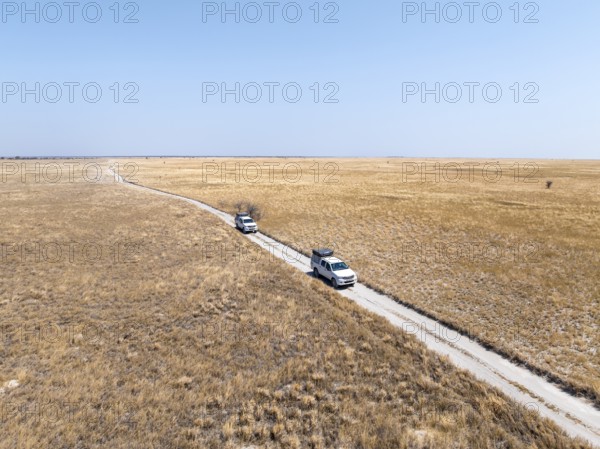 Two off-road vehicles drive on a sandy track through a vast dry landscape with yellow grass, Sowa Pan, Makgadikgadi salt pans, Botswana