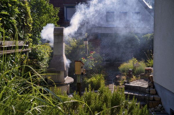 Smoke nuisance, nuisance to neighbours due to smoke, charcoal barbecue, barbecue in the garden, Stuttgart, Baden-Württemberg, Germany