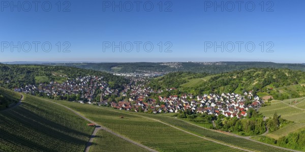 Panorama of a small village view surrounded by vineyards and green hills under a clear sky, Uhlbach, near Stuttgart, Neckartal, Baden-Württemberg, Germany