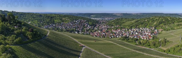 Wide angle panorama with a village surrounded by vineyards and lush hills, Uhlbach, near Stuttgart, Neckar Valley, Baden-Württemberg, Germany