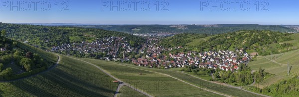 Widescreen panorama of a village surrounded by vineyards and green hills, Uhlbach, near Stuttgart, Neckar valley, Baden-Württemberg, Germany