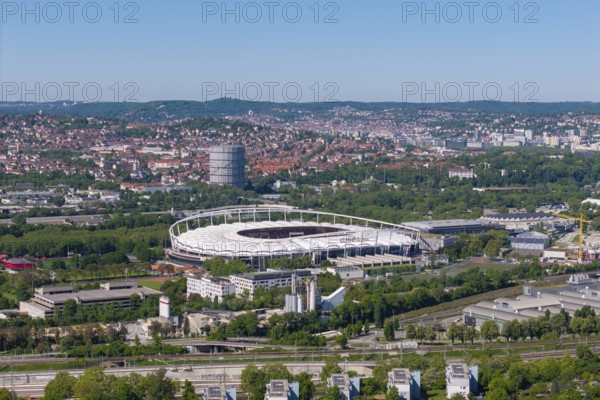 Aerial view, MHP Arena, surrounded by green urbanity and buildings in Stuttgart, Baden-Württemberg, Germany