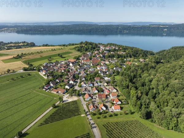 Luftbild vom Bodensee mit der Ortschaft Hödingen, am Horizont der Bodanrück, Überlingen, Bodenseekreis, Baden-Württemberg, Deutschland