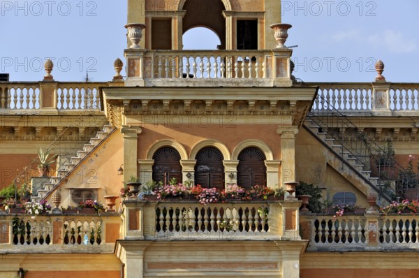 Magnificent city villa Palazzo Rosi with terraces, balconies, balustrades, stairs, arches, columns, floral decorations, Belle Epoque, Art Nouveau, historic centre, Bracciano, metropolitan city of Rome, Lazio, Italy