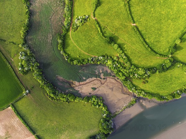 Top Down over Marshes over River Dart from a drone, Stoke Gabriel, Totnes, Devon, England, United Kingdom