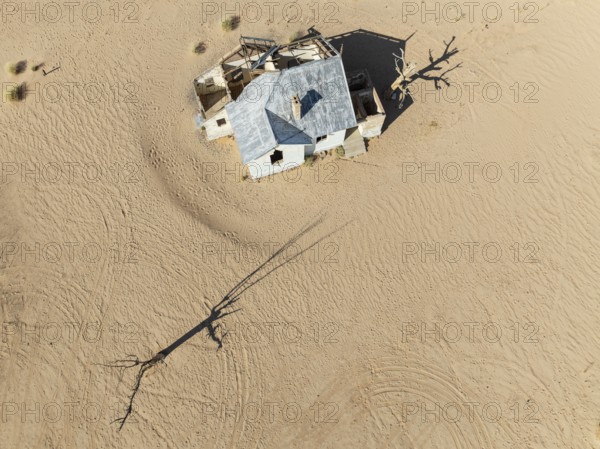 The long abandoned Garum train station in the southern Namib Desert. Aerial view. Drone shot. Namibia