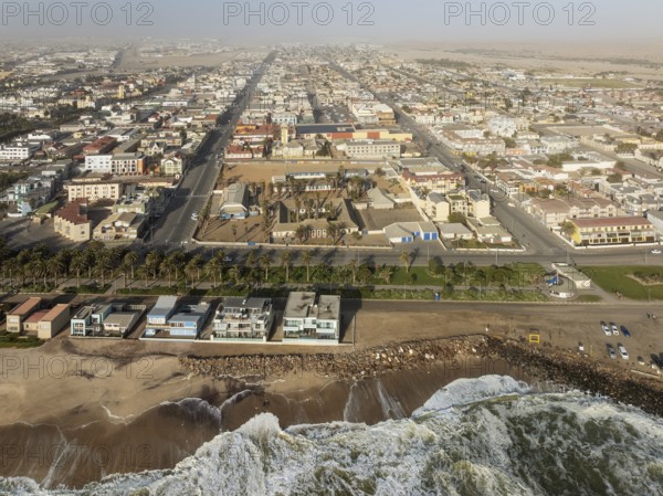 The coastal town of Swakopmund between Namib Desert and Atlantic Ocean. Aerial view. Namibia