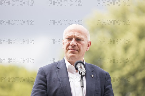 Kai Wegner (Governing Mayor of Berlin) gives a speech in front of the raising of the rainbow flag for Pride Week in front of the Rotes Rathaus in Berlin on 9 July 2025