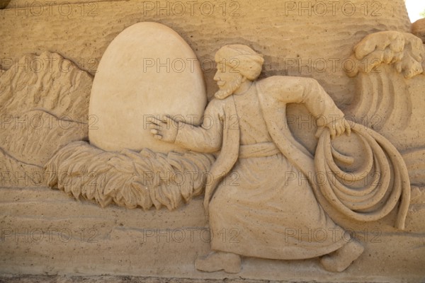 Detail, Sinbad the Sailor by Tsagaan Munk Erdene and Uuganaa Enkhtaivan from Mongolia, Sandwelt, Warnemünde, Rostock, Mecklenburg-Vorpommern, Germany