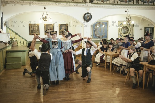 Traditional traditional costume anniversary of the Trachtenverein Schliersee Stamm 1888, dance in the hall of the Bauerntheater, Schliersee, Upper Bavaria, Bavaria, Germany, 2025