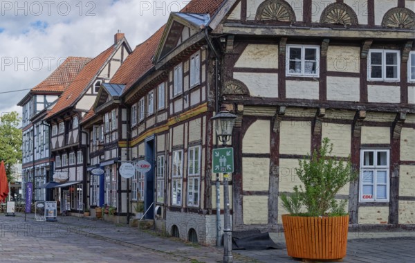 Half-timbered houses on the market square in the historic old town of Nienburg an der Weser. Nienburg, Lower Saxony, Germany