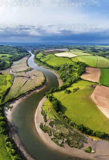 Panorama of Farms and Fields over River Dart from a drone, Stoke Gabriel, Totnes, Devon, England, United Kingdom
