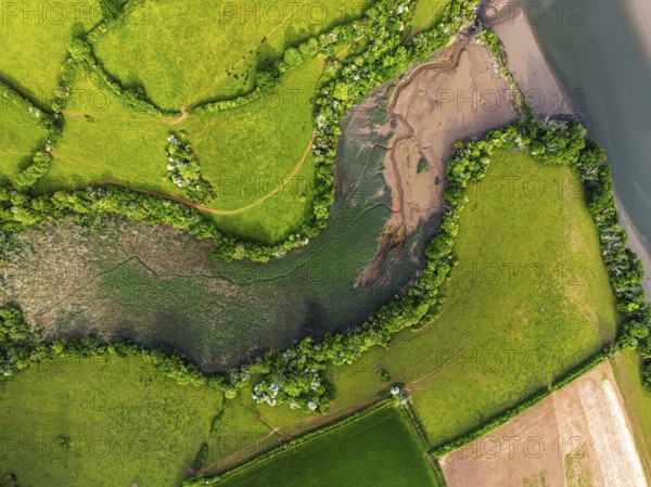 Farms and Fields over River Dart from a drone, Stoke Gabriel, Totnes, Devon, England, United Kingdom