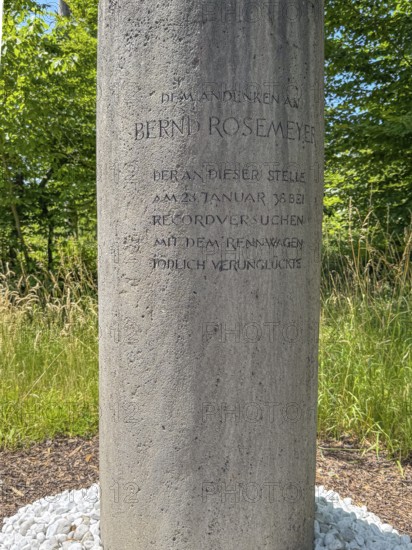 Free-standing stone column Monument with inscription in memory of Bernd Rosemeyer, who died in an accident on this spot on 28 January 1938 while attempting to set a record in a racing car, Mörfelden-Walldorf, Hesse, Germany
