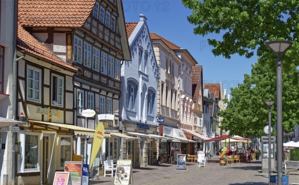 Half-timbered houses on Weserstrasse in the historic old town of Rinteln. Lower Saxony, Germany