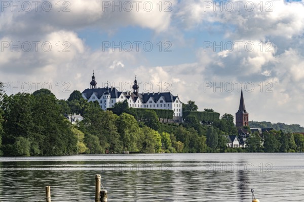 The Great Plön Lake, Nikolai Church and Plön Castle in Plön, Schleswig-Holstein, Germany