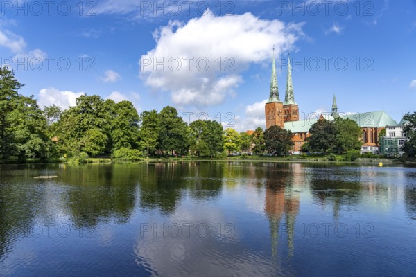 Mill pond and Lübeck Cathedral, Hanseatic City of Lübeck, Schleswig-Holstein, Germany