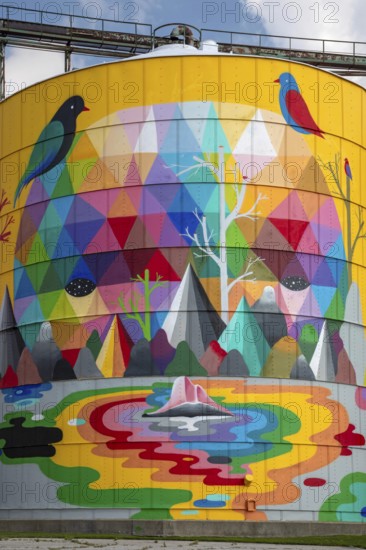 Saginaw, Michigan - The Shine Bright mural on abandoned grain elevators. The mural was created when the community raised $50, 000 to bring Spanish street artist Okuda San Miguel (OKUDA) to Saginaw