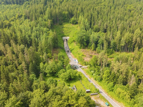 An extensive forest landscape with a railway line and a tunnel, construction of the Hermann Hesse Railway, Calw, Germany