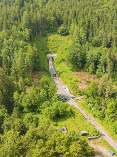 A wooded area with a railway line and a tunnel in the middle, construction of the Hermann Hesse Railway, Calw, Germany