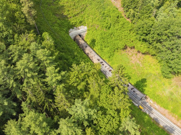 A train moves towards a tunnel surrounded by dense forest, construction of the Hermann Hesse railway, Calw, Germany