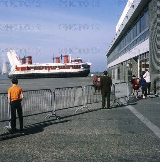 Hoverlloyd SR N4 model hovercraft 'Sure' at Pegwell Bay, Ramsgate Hoverport, Kent, England, UK 1970