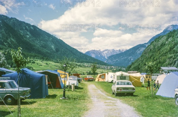 Tents in campsite at Oetz, Imst district, Tyrol, Austria, Europe, 1970