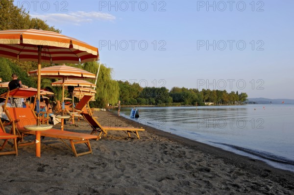 Beach, deckchairs, sunshades at the lido, Lake Bolsena, Lago di Bolsena, volcanic crater lake, calm smooth water surface, warm evening light, Bolsena, Province of Viterbo, Lazio, Italy